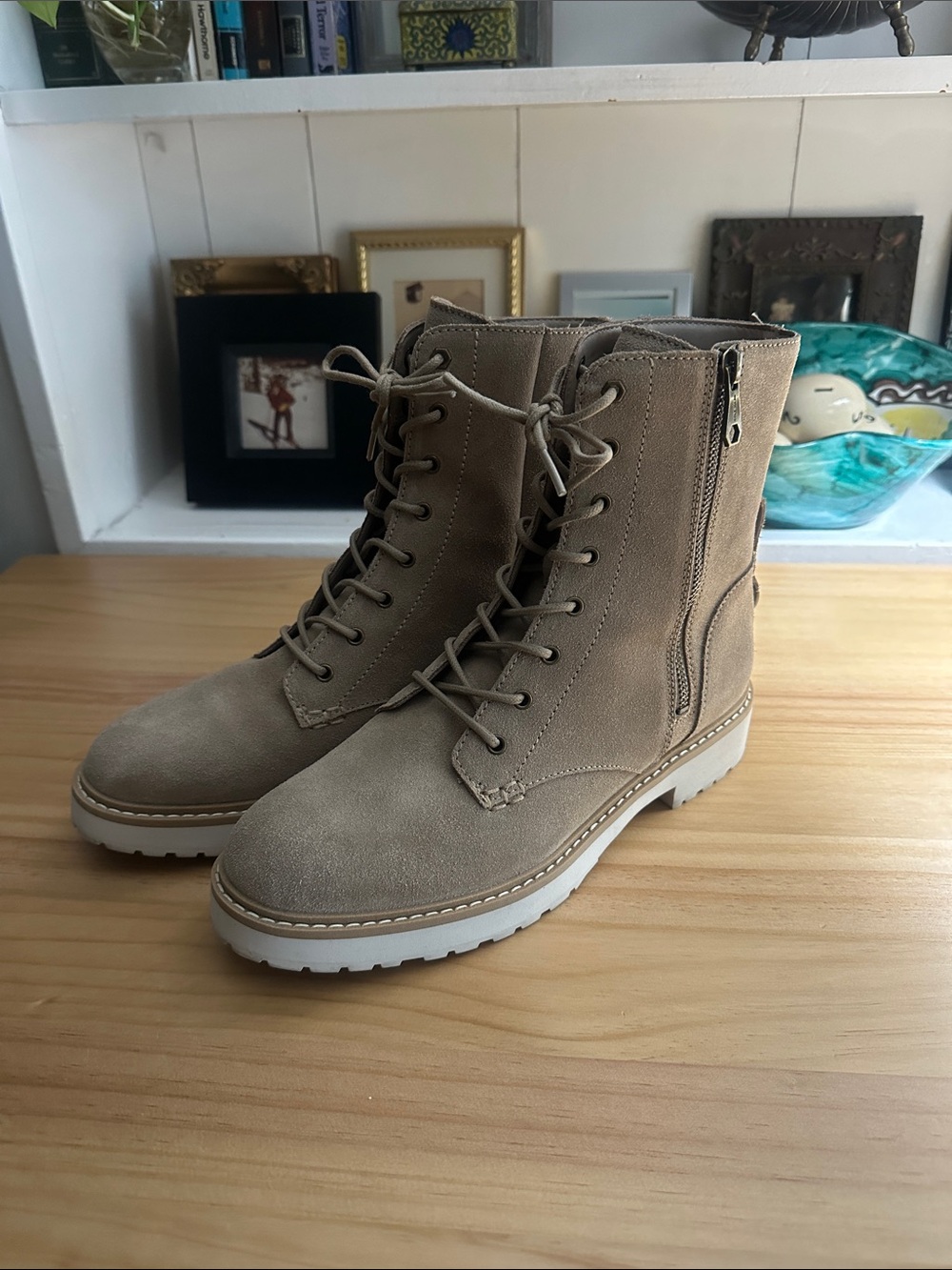 Cole Haan Beige Suede Lace-Up Combat Boots